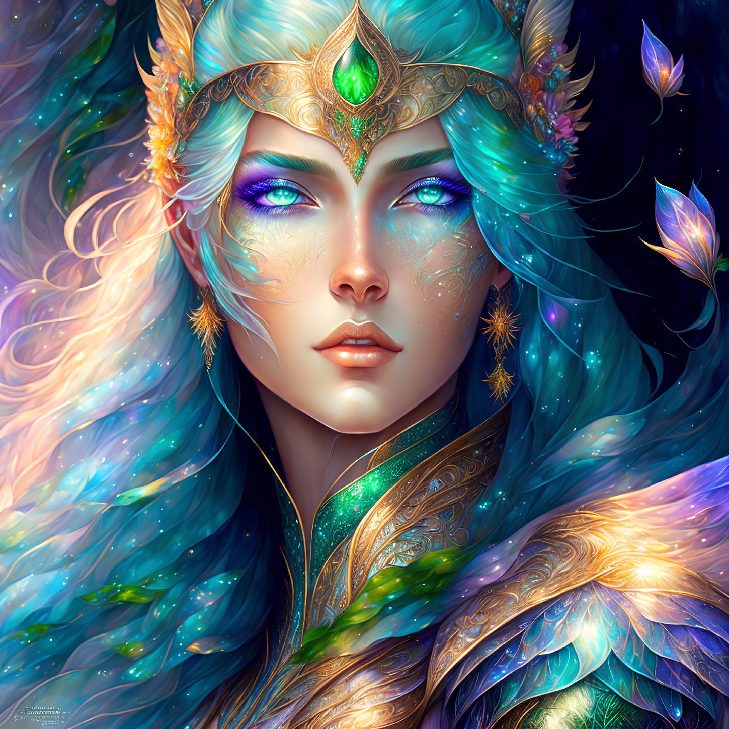 Fantasy illustration of woman with blue hair, golden crown, armor, and floating leaves
