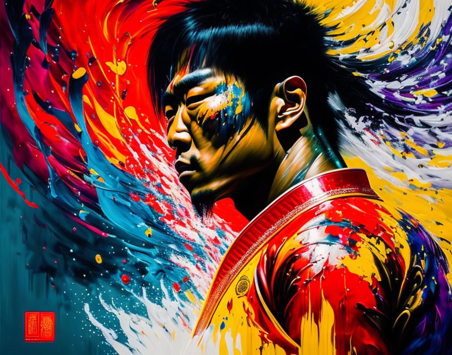 Colorful abstract portrait of a man with swirling paint splashes and red-yellow garment