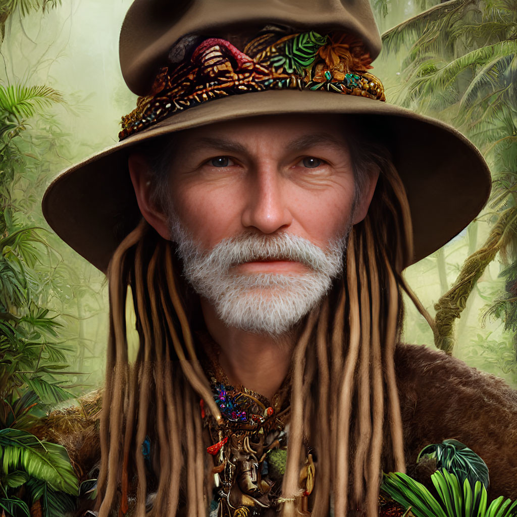 Portrait of man with feathered hat, dreadlocks, beard, tribal necklaces in jungle setting