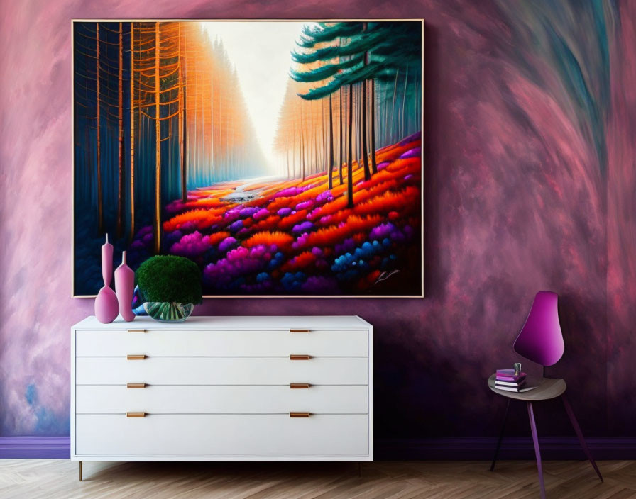 Surreal forest painting above white dresser in vibrant room