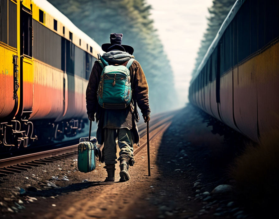 Traveler with backpack and walking stick between two trains on foggy track