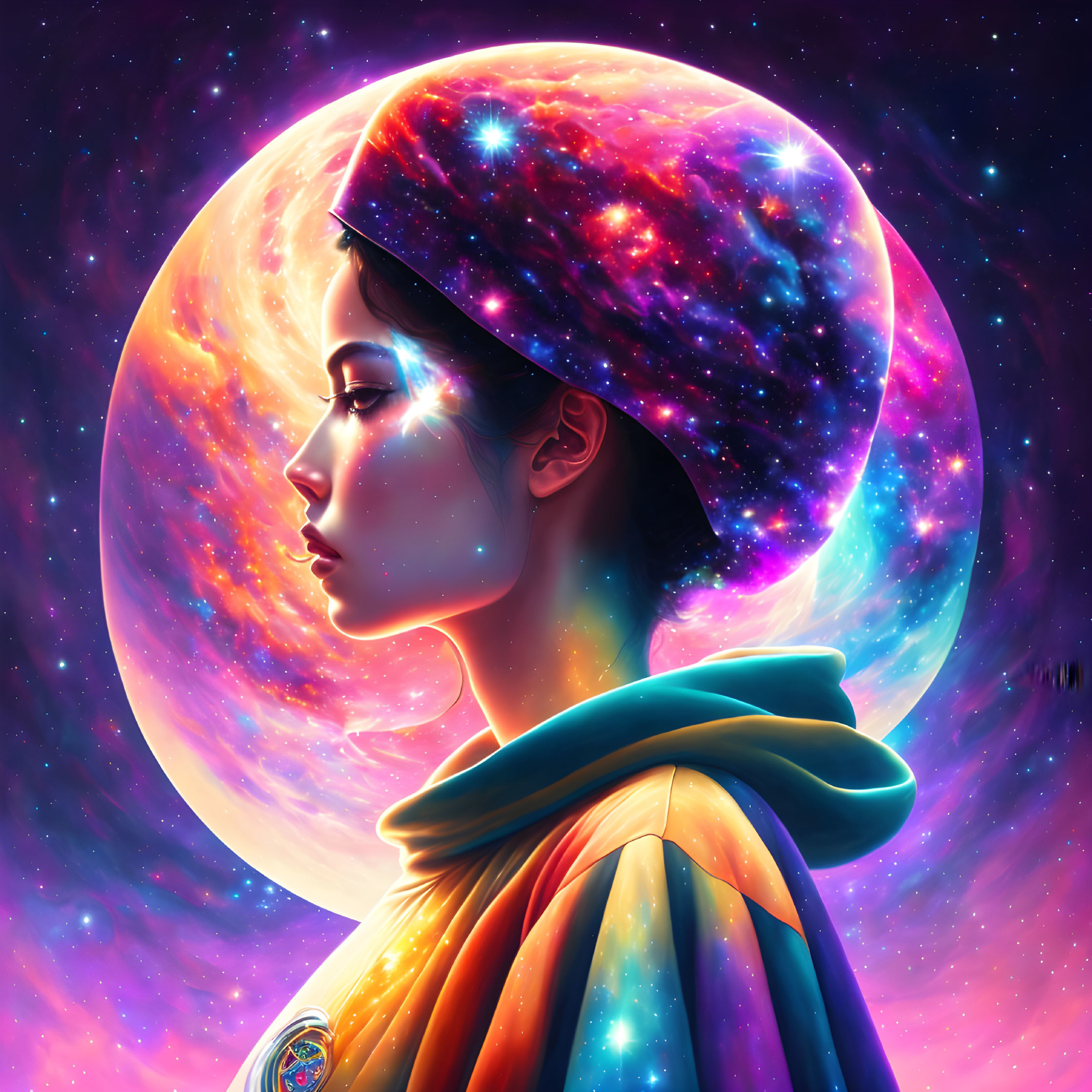 Cosmic-themed digital illustration of a woman with moon crown against space backdrop