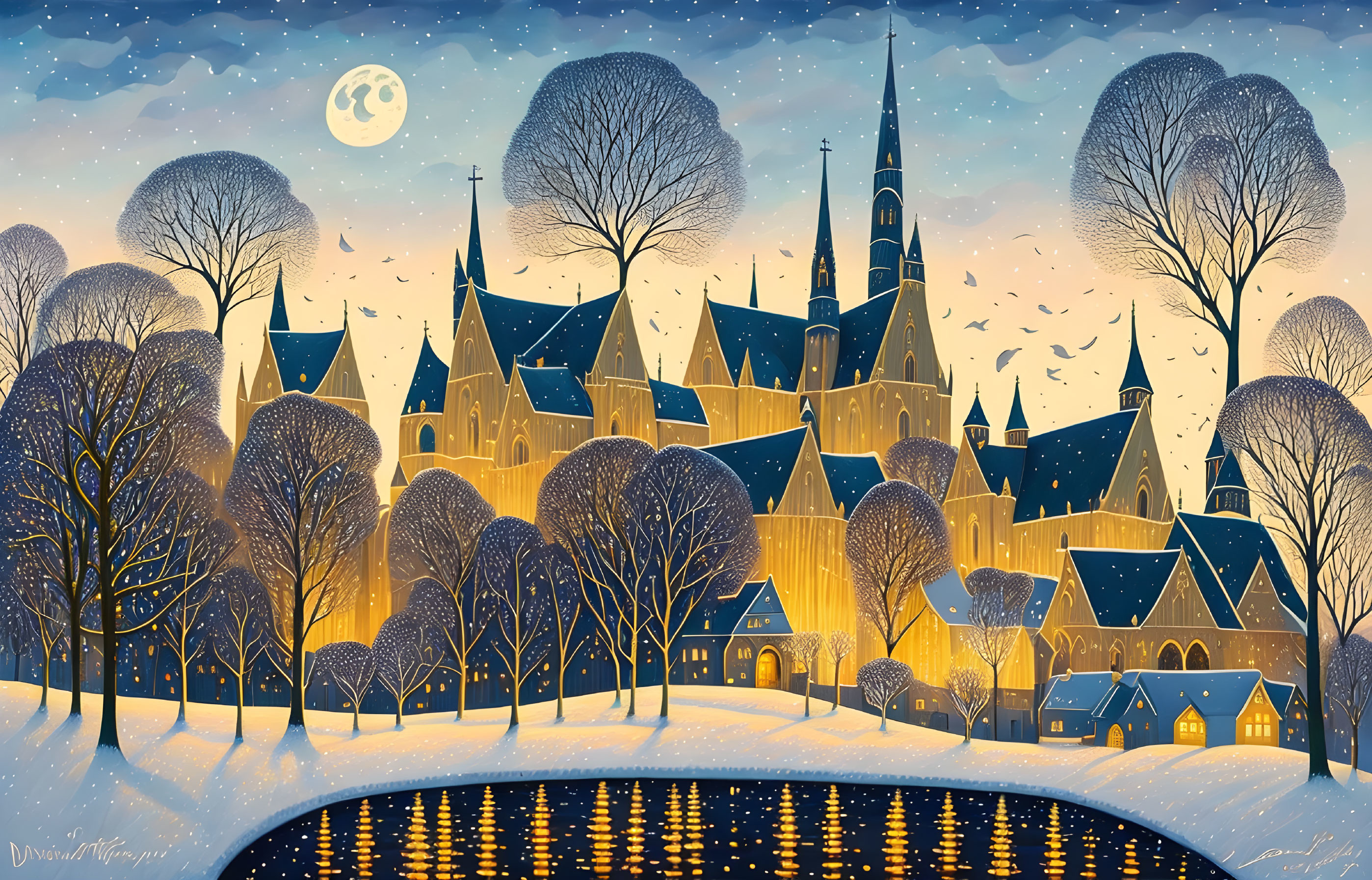 Winter night illustration: grand cathedral, bare trees, snow-covered grounds, moonlit sky.