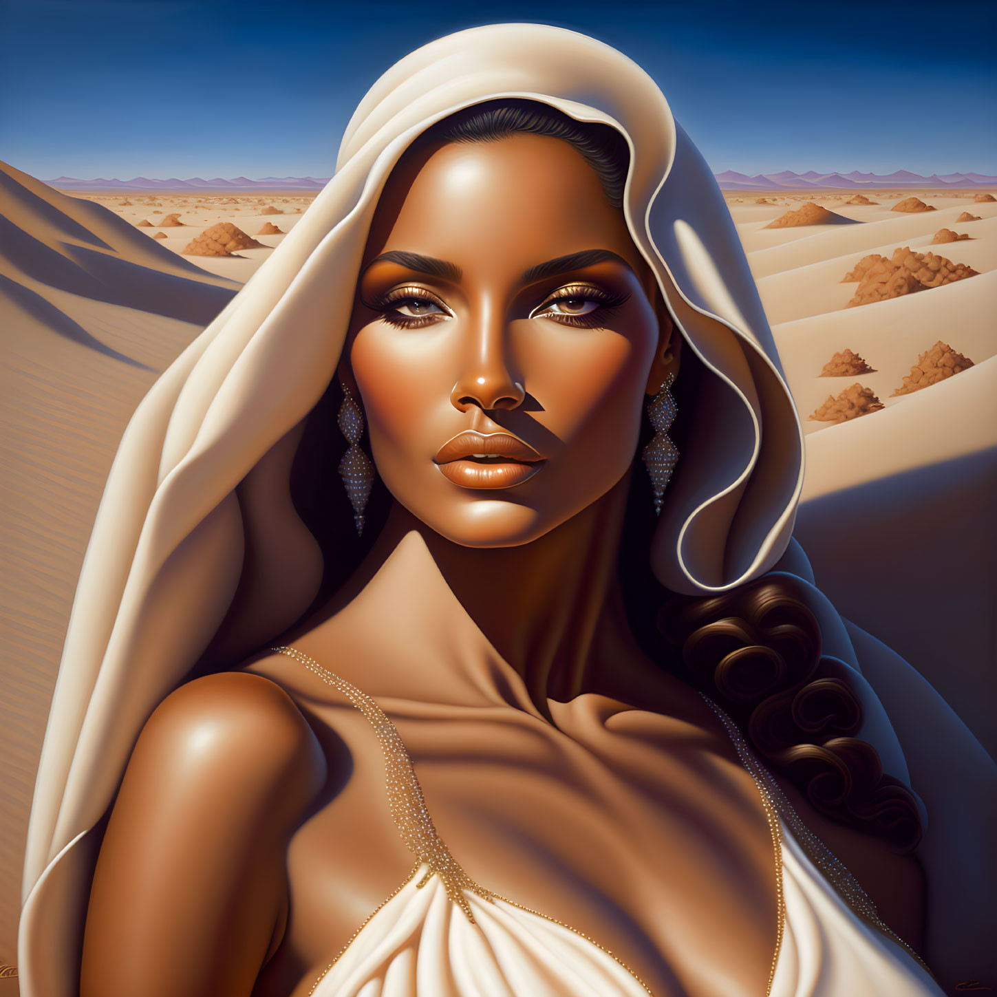 Woman in white headscarf and gown in desert landscape.