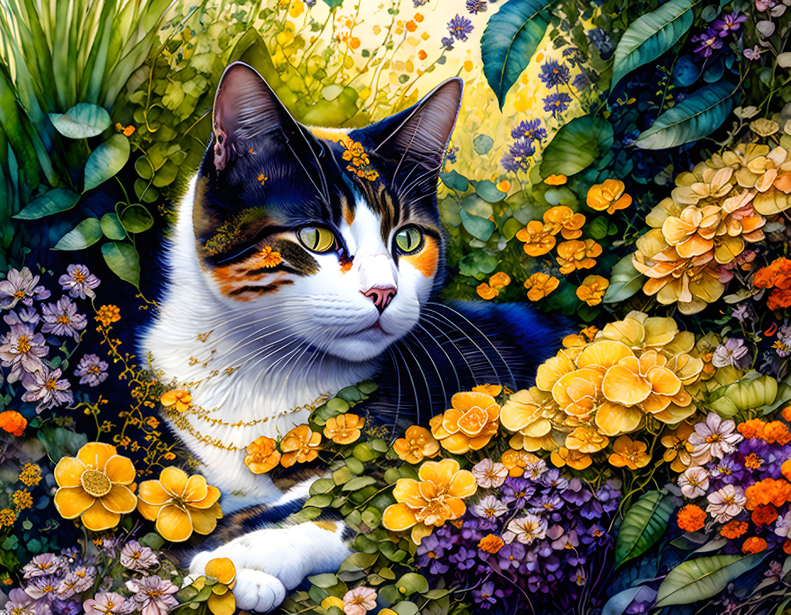 Vibrant illustration of black and white cat with orange spots among colorful flowers