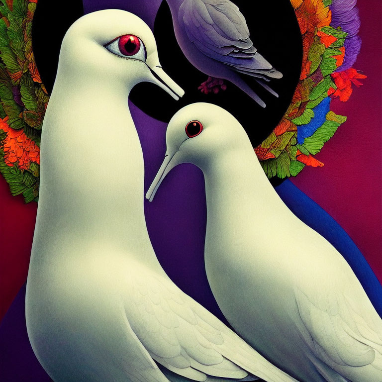 Stylized white doves with red eyes on colorful purple backdrop