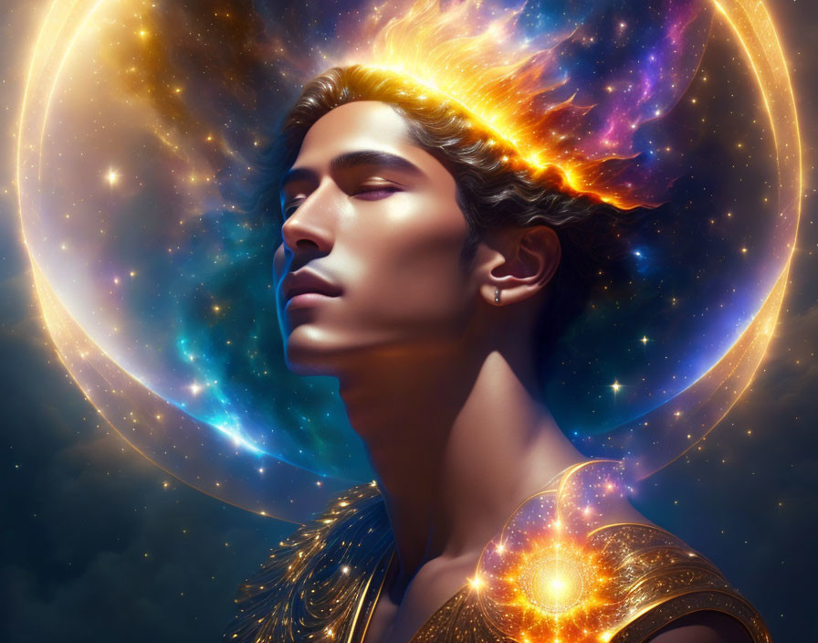 Cosmic aura man with galaxy halo in serene setting