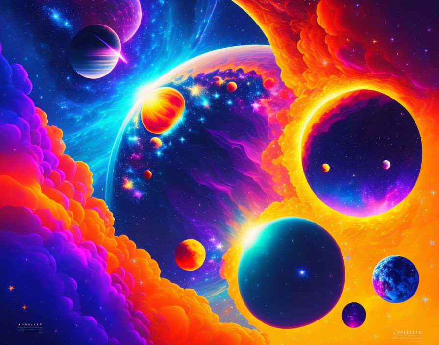 Colorful cosmic illustration with planets, stars, and nebulae on blue and orange backdrop