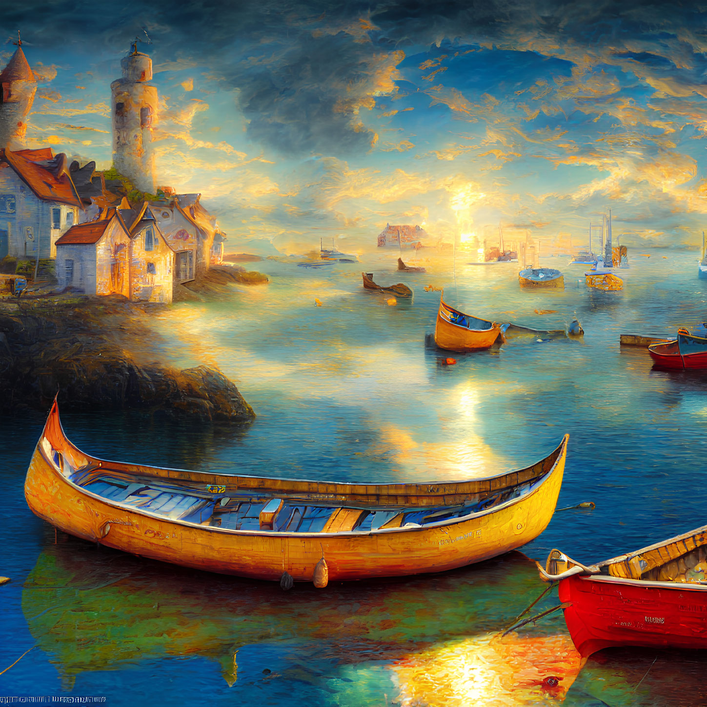 Serene coastal sunset artwork with boats, lighthouse, houses, and dynamic sky