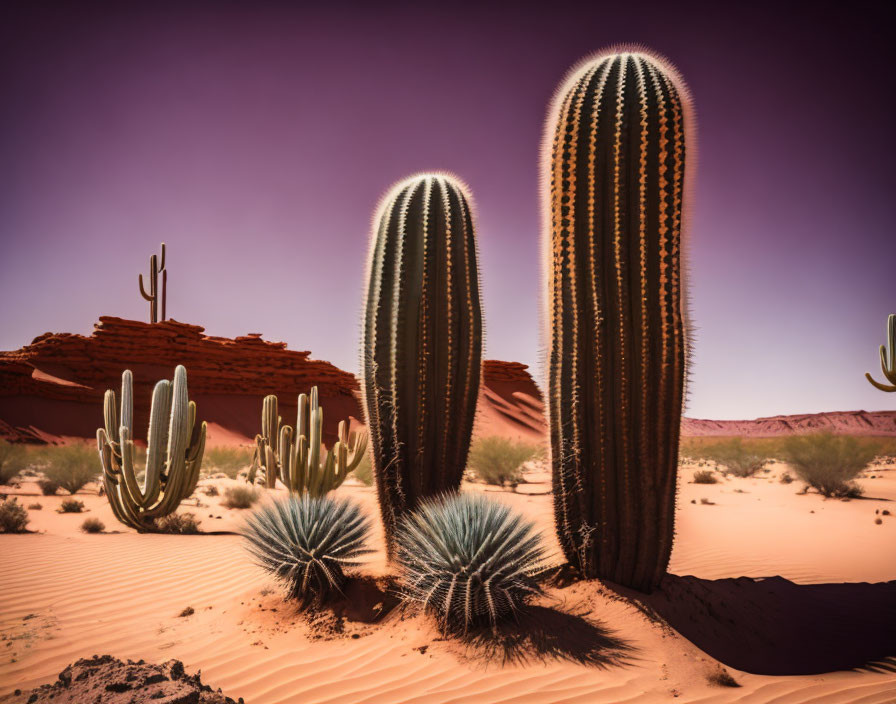 Various sizes of cacti on desert sand with red rock formations and clear sky