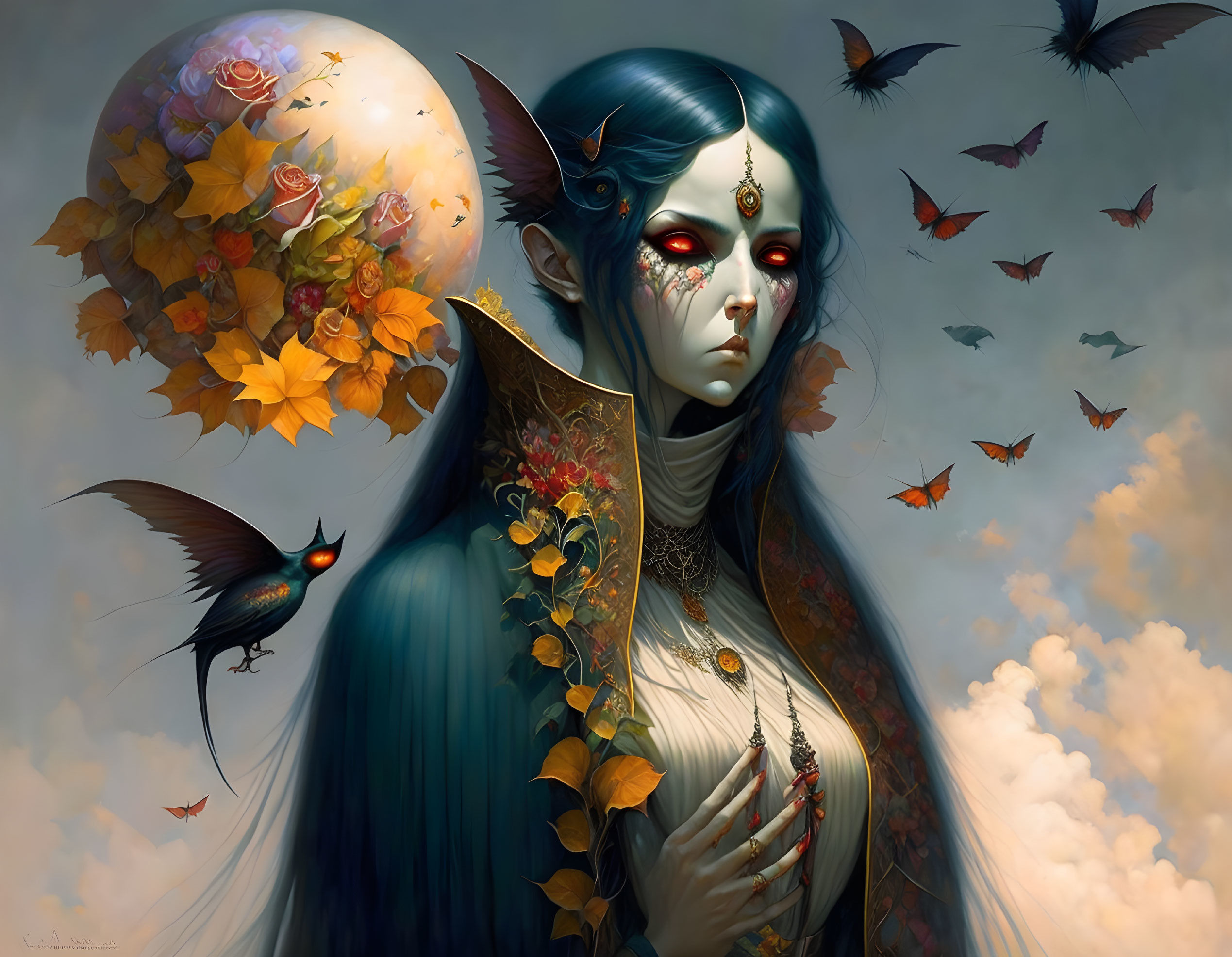 Blue-skinned female creature in gold outfit with elfin ears and red eyes, surrounded by butterflies and