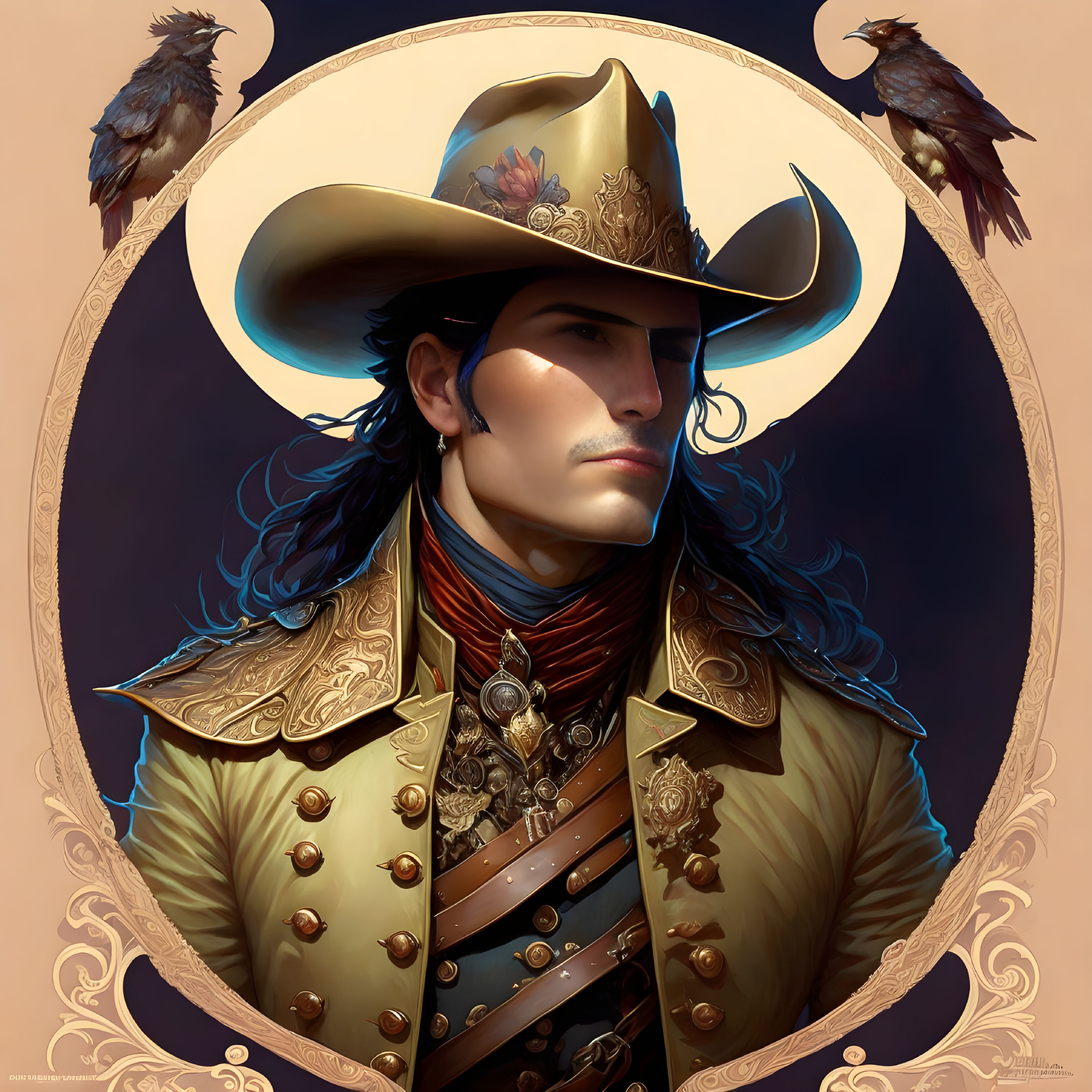 Illustrated portrait of man in golden-trimmed cowboy hat with ravens on brown backdrop