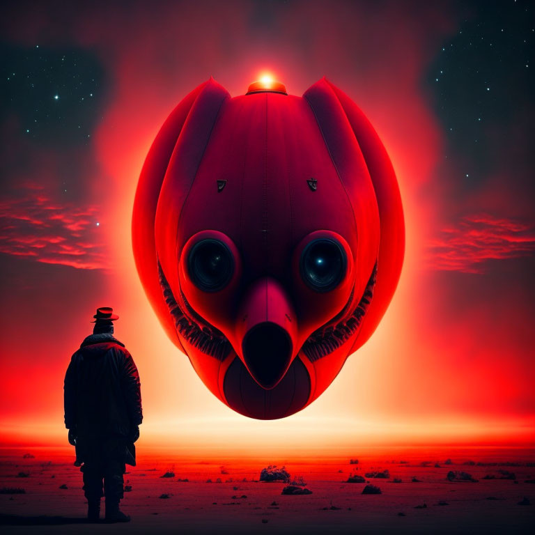 Person facing giant pumpkin airship in dramatic red sky