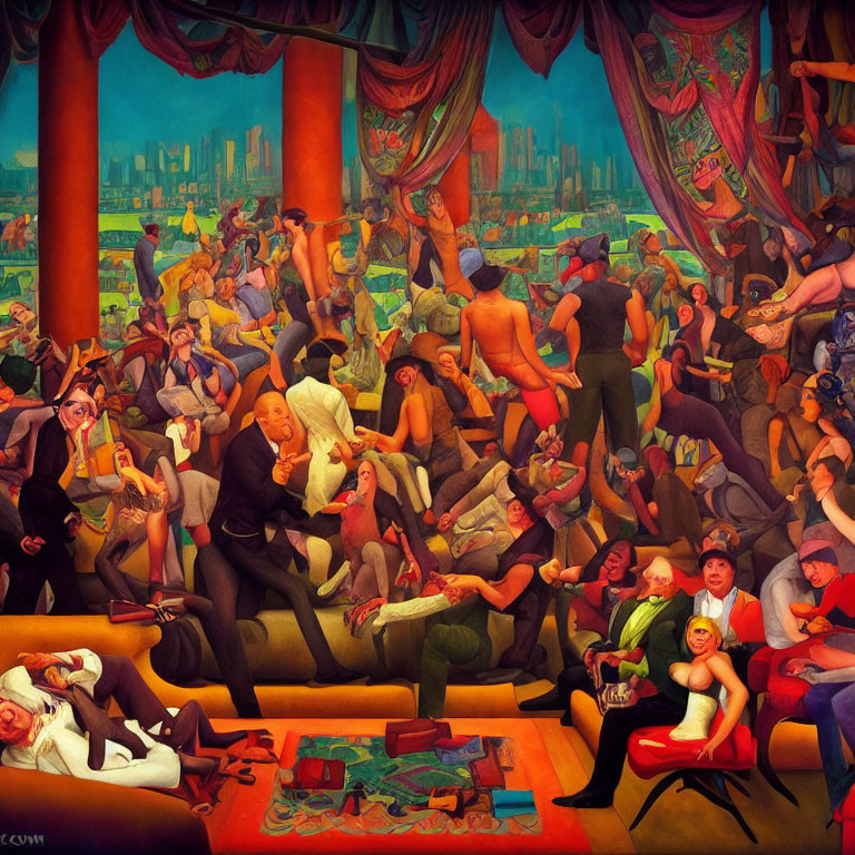 Colorful painting of chaotic party scene with lively guests and cityscape views