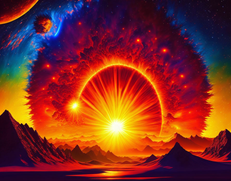 Surreal digital artwork: fiery ring eclipse, cosmic mountains, celestial body