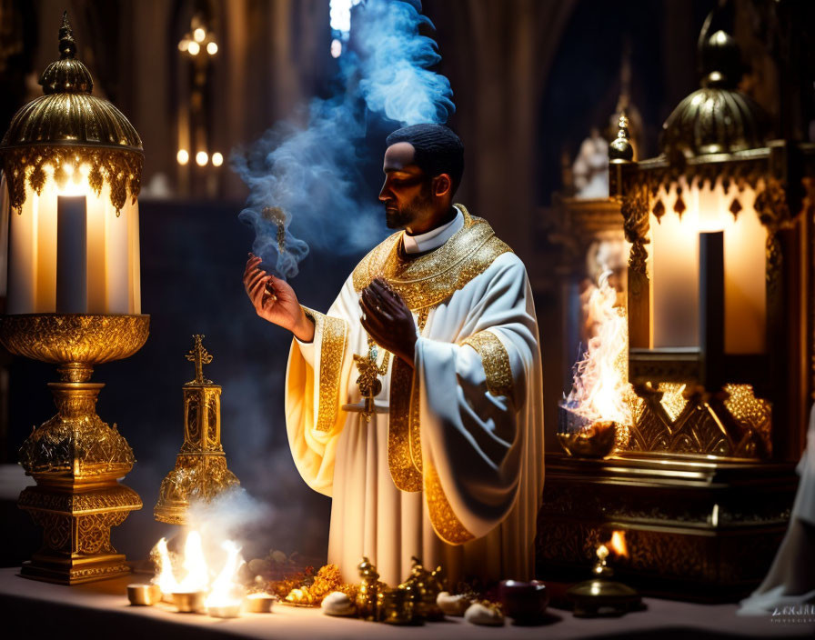 Ceremonial ritual with clergyman in ornate robes and golden religious artifacts