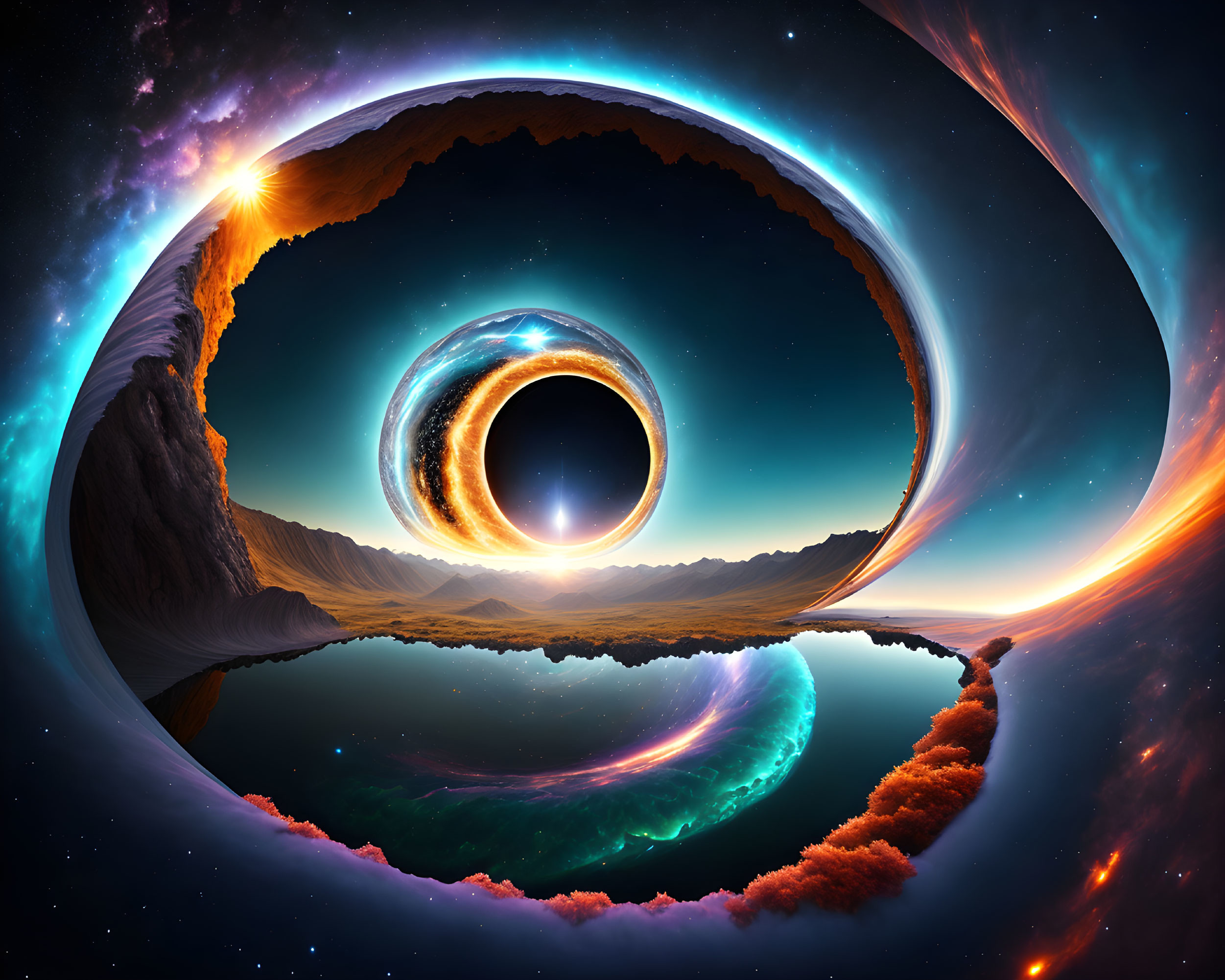 Surreal cosmic image of black hole with gravitational lensing effects