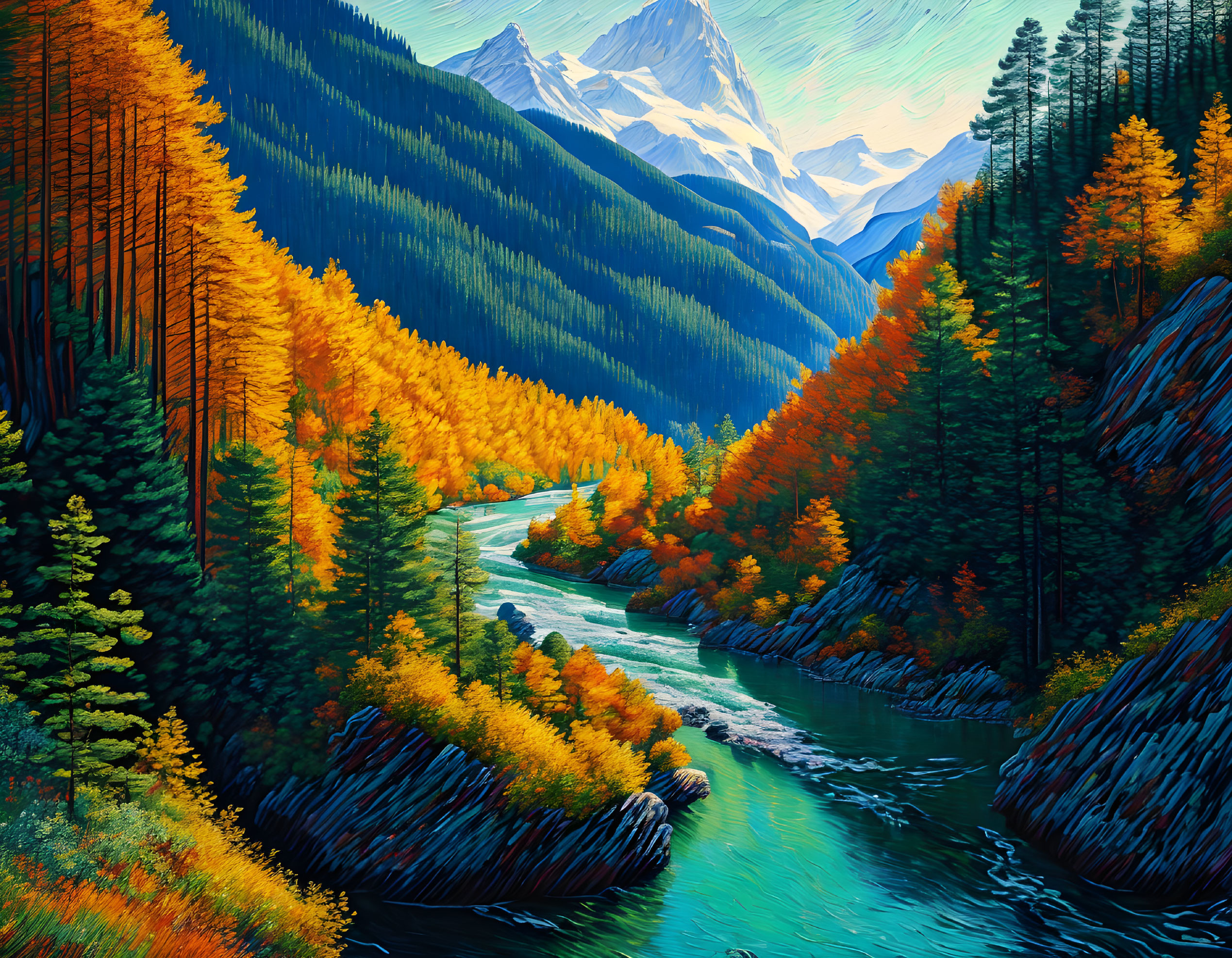 Scenic autumn forest with river and snow-capped mountains