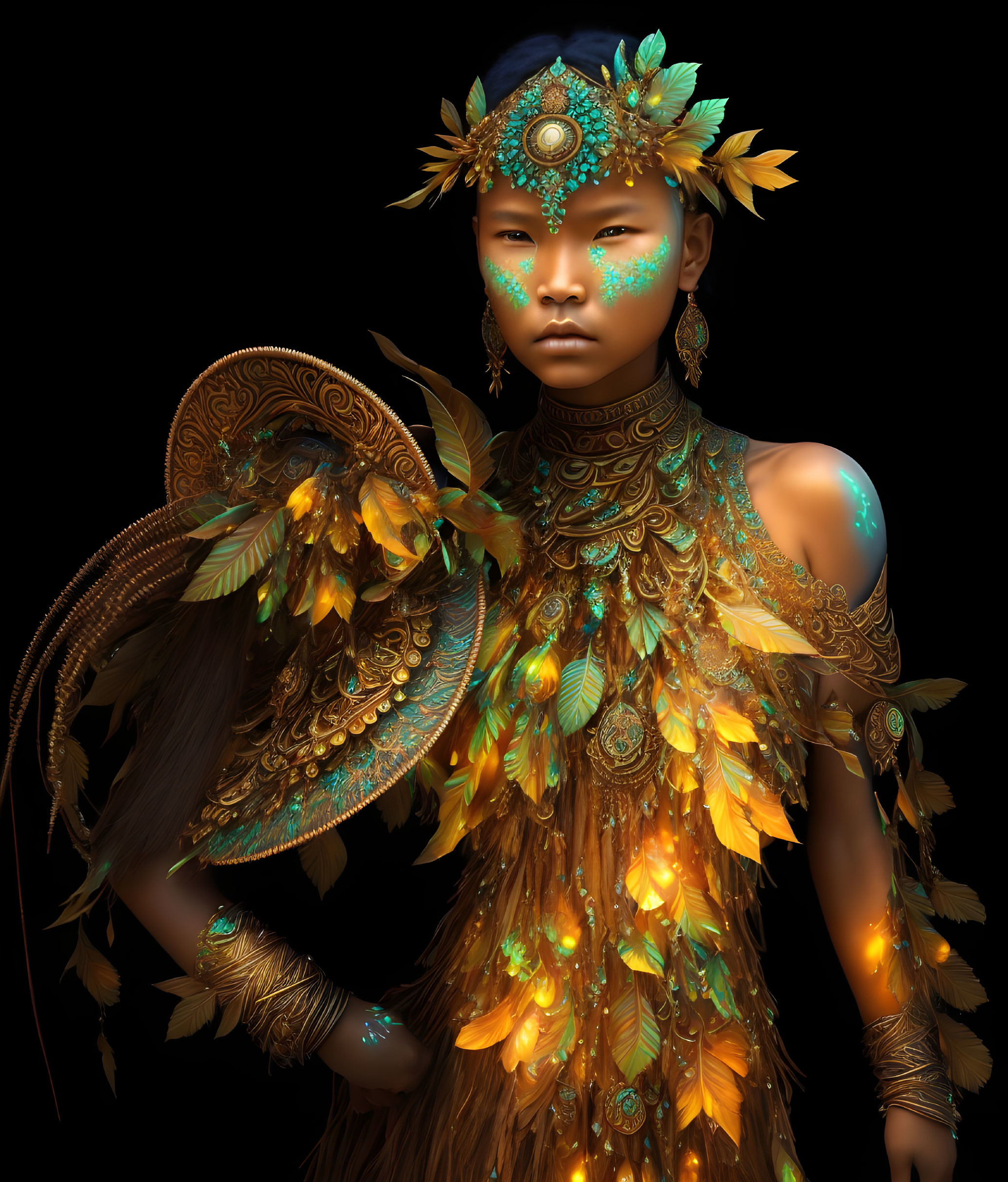 Person in Intricate Golden and Feathered Attire on Black Background