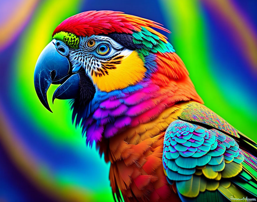 Colorful Parrot with Blue, Green, Yellow, and Red Feathers on Psychedelic Background