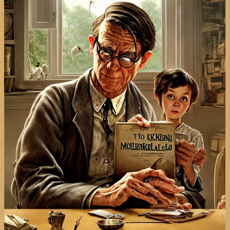 Elderly man and boy at table with books, eyeglasses, and paper airplane; man