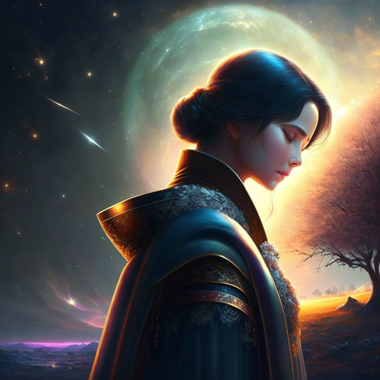 Digital artwork featuring woman in decorative cloak against cosmic backdrop