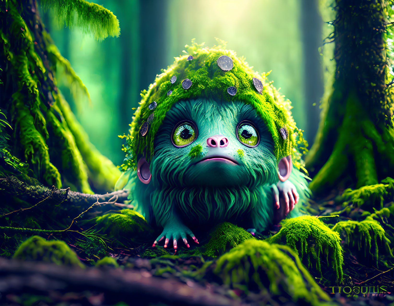 Vibrant Green Creature with Large Eyes in Lush Forest Setting