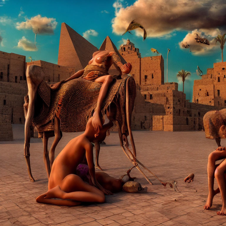 Surrealistic Egyptian scene with camels, pyramids, and flying objects