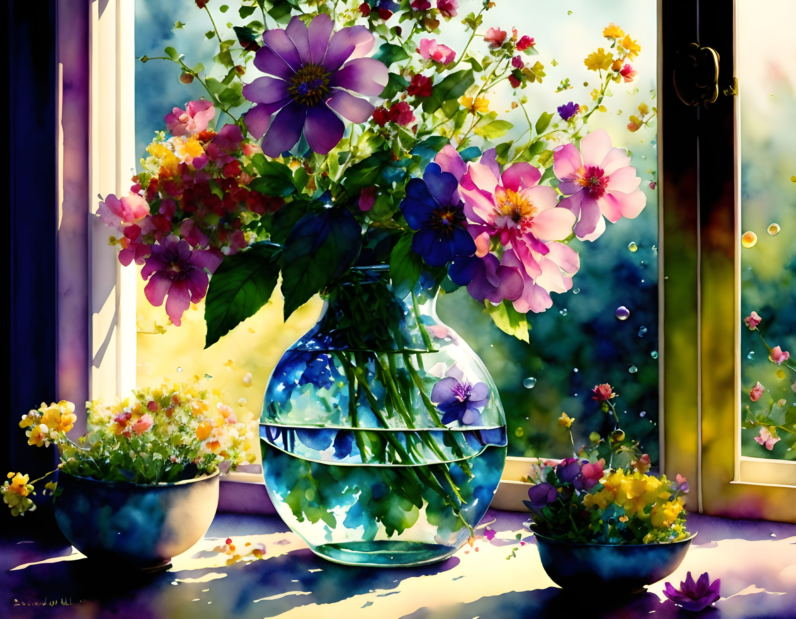 Colorful Watercolor Painting: Purple and Pink Flowers in Blue Vase on Windowsill