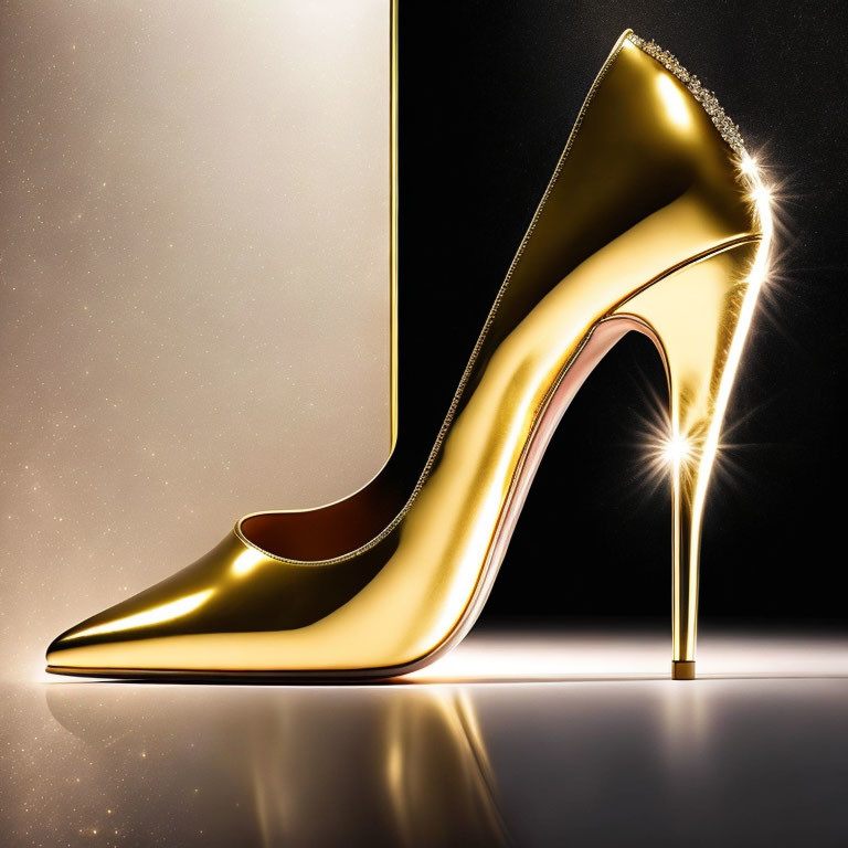 Golden High-Heeled Shoe on Gradient Background with Sparkling Details