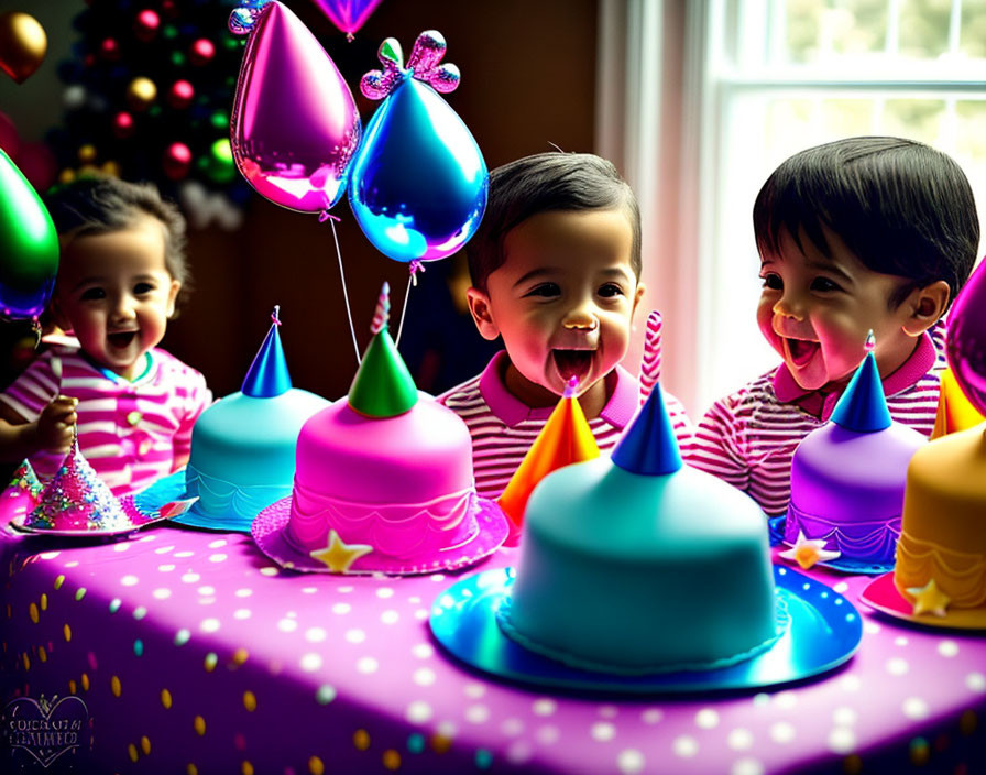 Colorful Birthday Party with Toddlers, Cakes, Balloons, and Christmas Tree