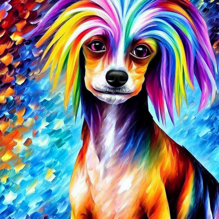 Colorful Dog Painting with Rainbow Fur on Abstract Blue Background