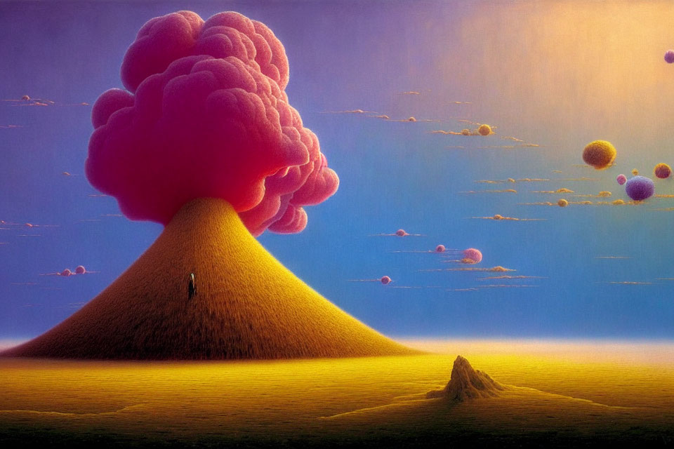 Surreal landscape with erupting volcano, person, and floating orbs