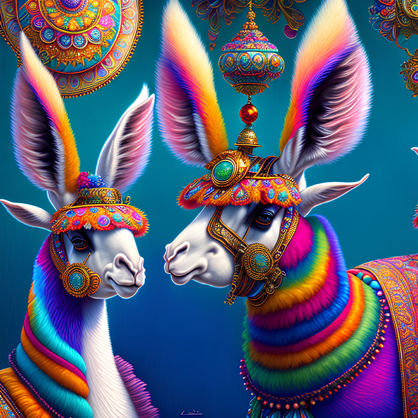 Colorful llamas with ethnic-style adornments on turquoise backdrop