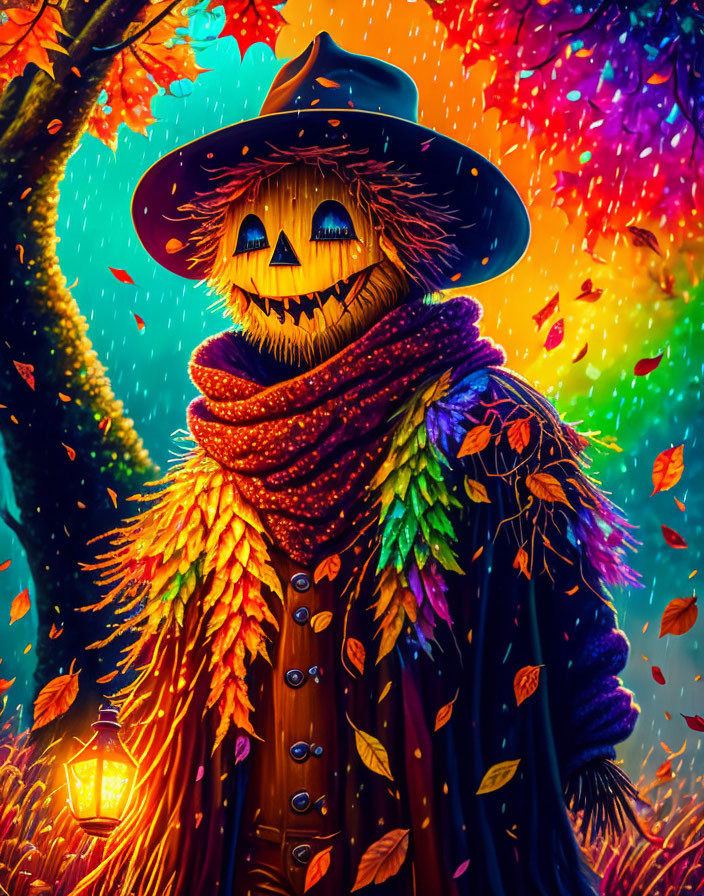 Colorful Autumnal Illustration of Grinning Pumpkin-Headed Scarecrow