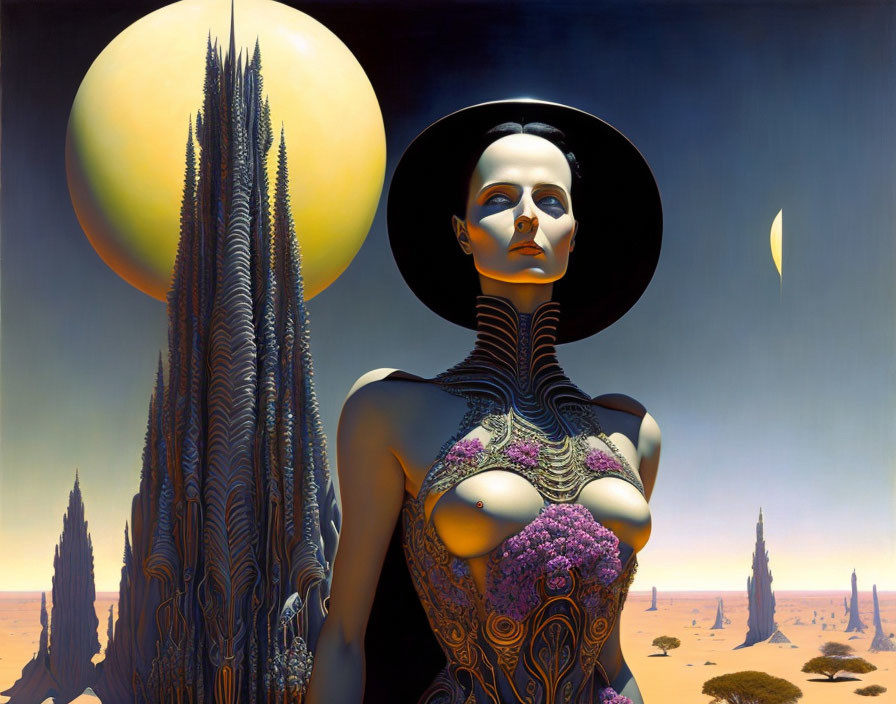 Surreal painting: Woman in black hat and bodysuit in desert with two moons.