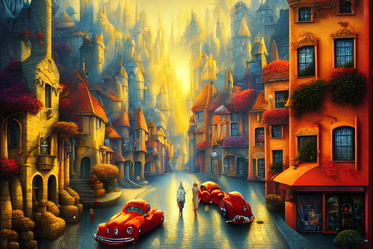 Colorful Old-European Cobblestone Street with Red Car and Characters