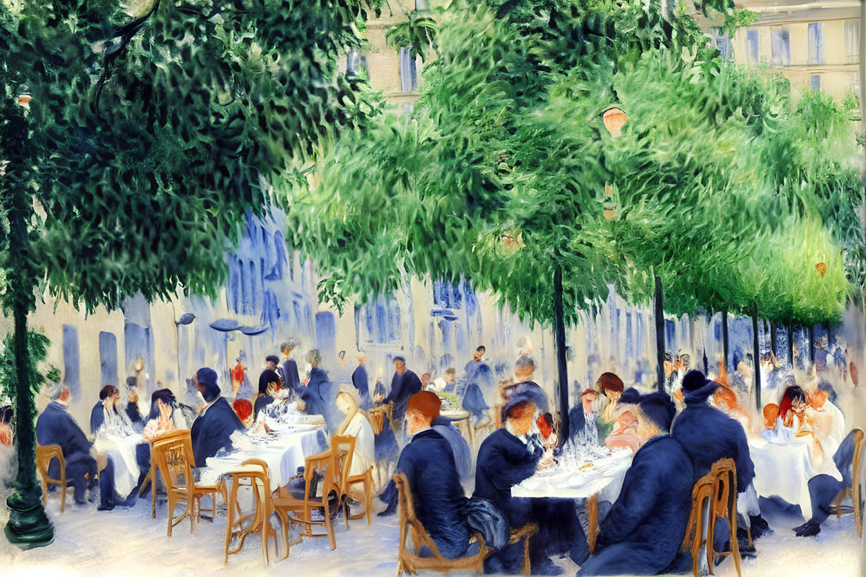 Impressionistic painting of outdoor cafe scene with diners under green trees