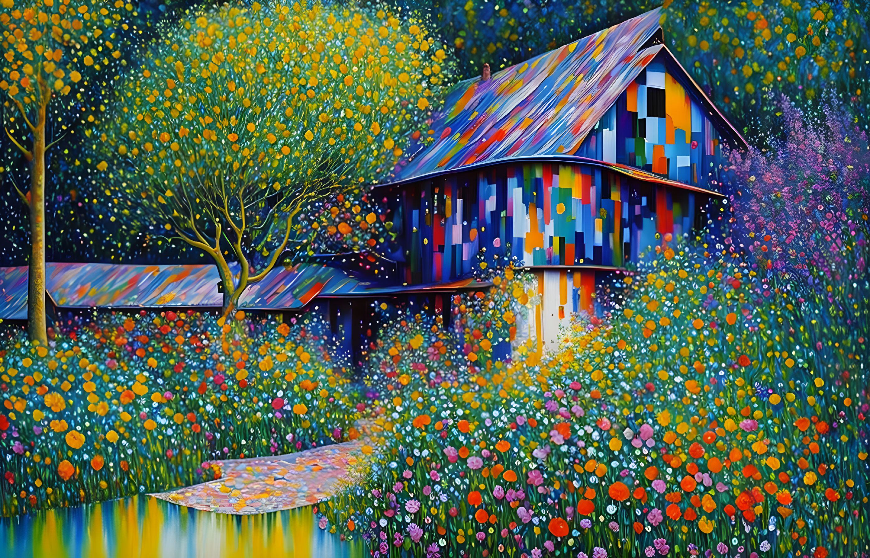 Vibrant garden and house painting with colorful flowers and patterned roof