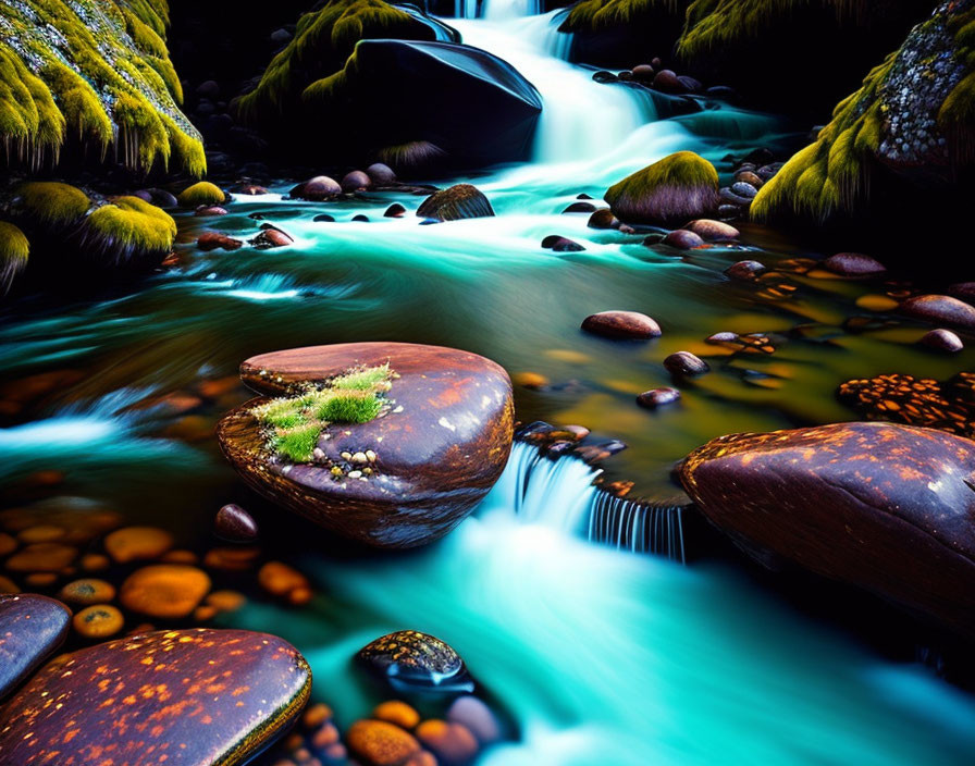 Serene stream with silky water, moss-covered rocks and pebbles