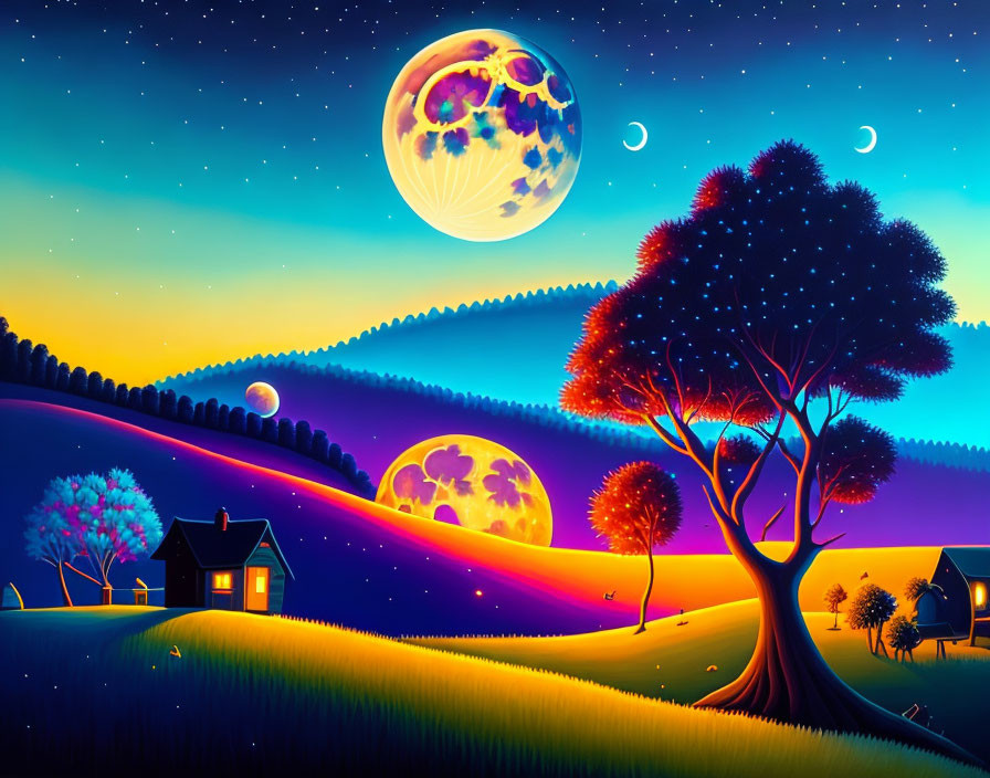 Detailed Night Landscape with Moon, Rolling Hills, House, Trees, and Starry Sky