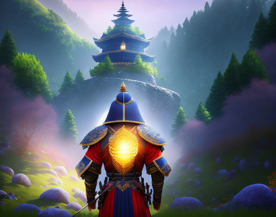 Armored warrior at traditional pagoda in mystical landscape