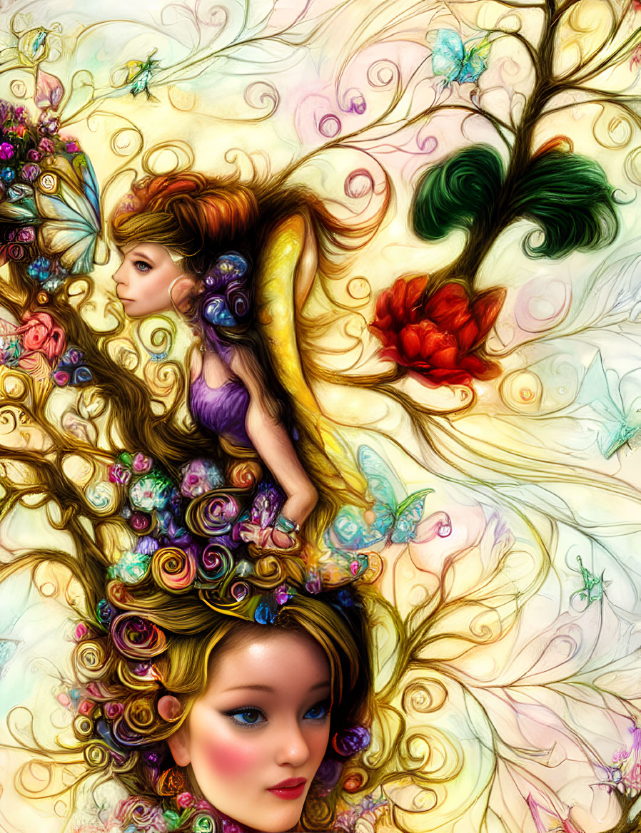 Colorful Woman with Flowers, Butterflies, and Nature Elements