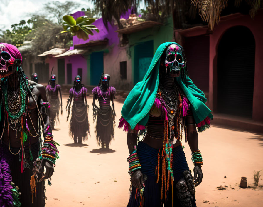 Vibrant traditional costumes and skull-like masks procession in village