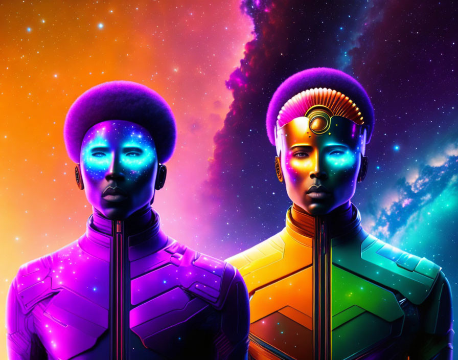 Futuristic individuals with cosmic-themed skin against vibrant space nebula.