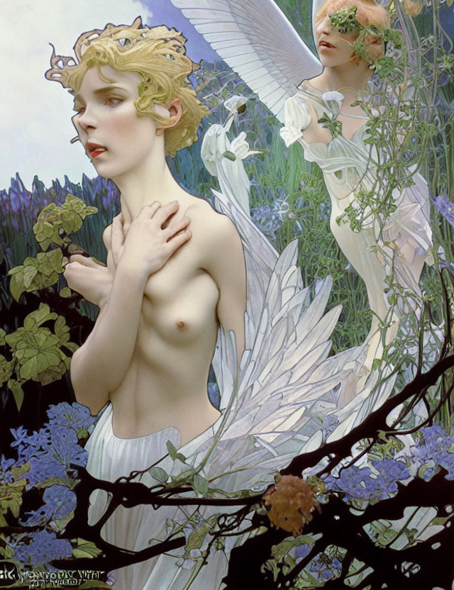 Ethereal figures with delicate wings in a fantasy setting