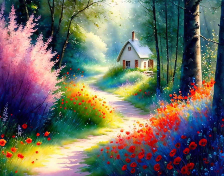 Colorful Forest Cottage Painting with Blooming Flowers