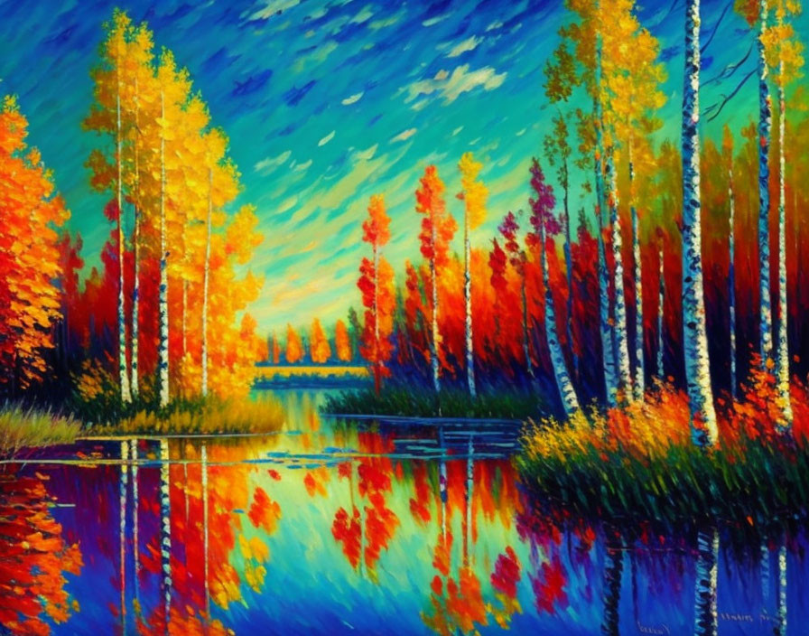 Colorful Autumn Trees Reflecting in Blue River Under Streaked Sky