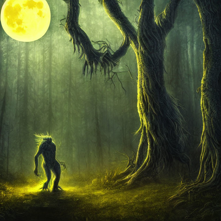 Mystical creature in moonlit forest with gnarled trees