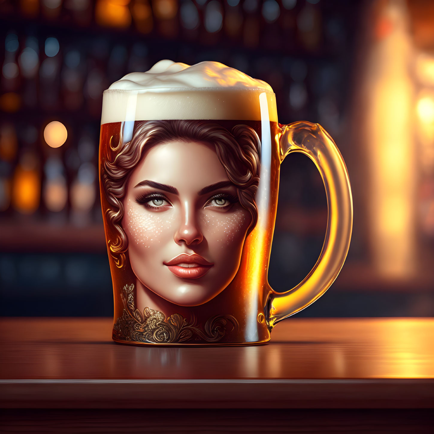 Digital artwork of woman's face on frothy beer mug in bar setting